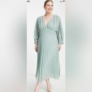 ASOS Design Curve pleated batwing midi dress. Chevron texture in green